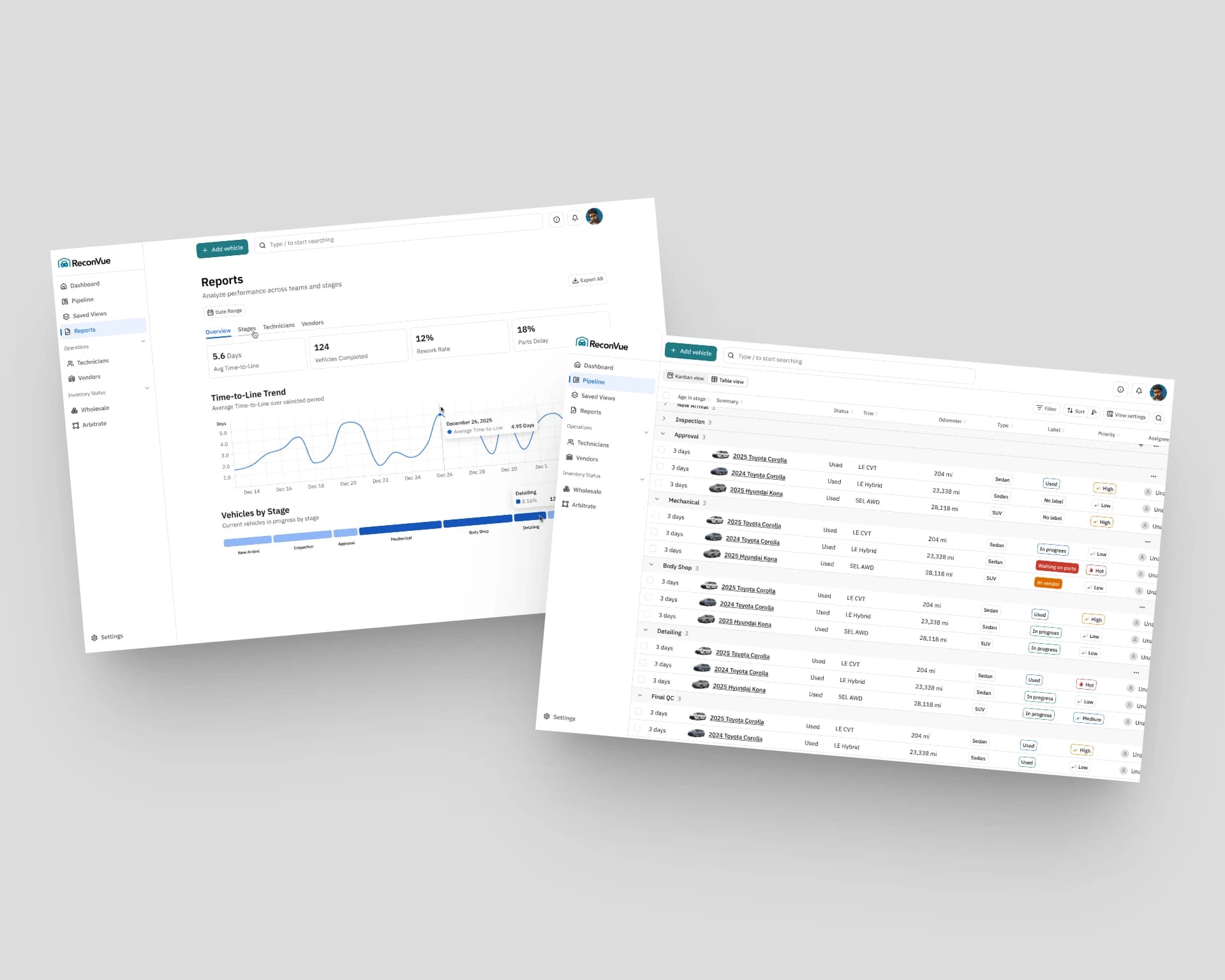 Recon Vue vehicle reconditioning platform dashboard